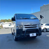 Silver toyota hiace narrow body van with matte black nudge bar guard and black side mirrors 2005-2019 model