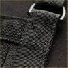 Black woven nylon strap with silver metal d-ring for overhead cargo storage net secure fastening