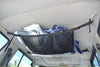 Black mesh overhead cargo storage net with adjustable straps and white plastic hooks for car storage organization