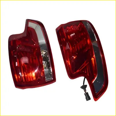 Pair of red plastic led tail light assemblies with clear lens and black wiring harness for ldv g10 rear 2015-on