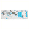 Silver metal exhaust manifold gasket with three oval openings and blue permatex label for nissan navara d23 2.3l twin