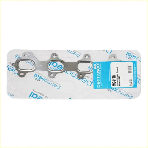 Silver metal exhaust manifold gasket with three oval openings and blue permatex label for nissan navara d23 2.3l twin