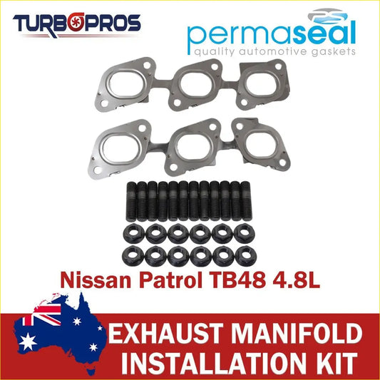 Set of four metallic exhaust manifold gaskets with black bolts and washers for nissan patrol tb48 4.8l engine