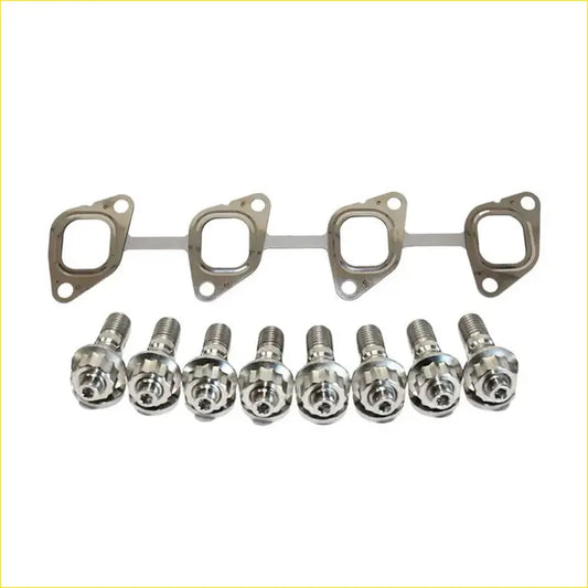 Set of four metallic exhaust manifold gaskets and eight chrome valve cover bolts from permaseal titanium kit for nissan