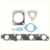 Set of metallic and blue rubber exhaust manifold and turbo gaskets including a long rectangular one with four holes for ford transit 2.4l