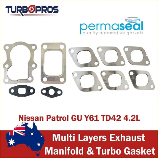 Set of metallic silver steel and black rubber multilayer exhaust manifold and turbo gaskets for Nissan Patrol GU TD42 4.2L