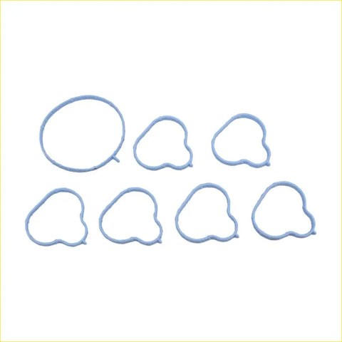 Set of seven light blue silicone cookie cutters in various shapes including circles and hearts for baking fun