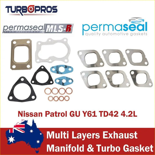 Set of multi-layer permaseal mls-r silver and black exhaust manifold and turbo gaskets with blue rings for nissan patrol gu y61 td42 4.2l