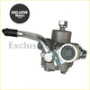 Silver metallic power steering pump for infiniti fx35 and fx45 with black rubber grip and x-shaped circular port