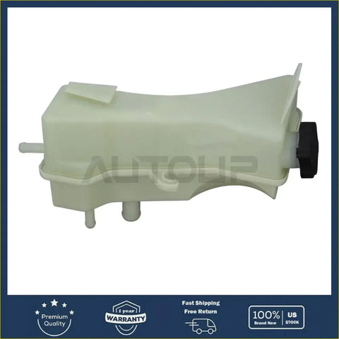 Off-white plastic power steering pump reservoir with black cap and multiple ports for ford f-250 f-550 2007-2010