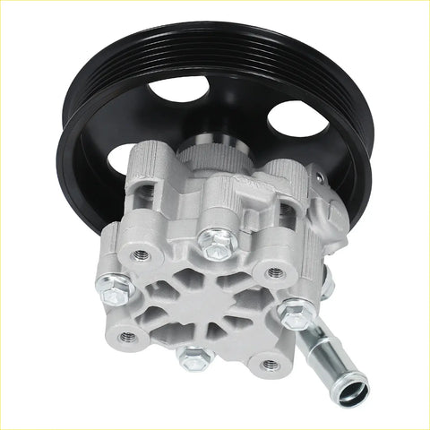 Silver aluminum power steering pump with black ribbed pulley and threaded fittings for dodge caravan chrysler town & country