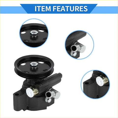 Black power steering pump with ribbed pulley and metallic fittings for toyota rav4 1998-2000 back side view
