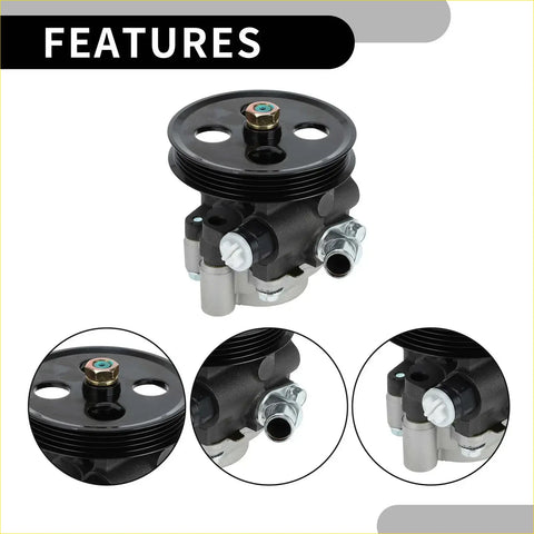 Black power steering pump with ribbed pulley and metallic fittings for toyota sienna 2004-2006 visible back side
