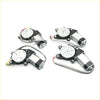 Four black and silver power window regulator motors with white gears for mitsubishi colt 1991-1995 shown from back side