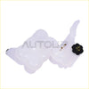 Transparent plastic pressurized engine coolant reservoir with black cap and warning symbols for ram trucks