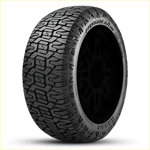 Black rubber radar renegade at pro tire with aggressive tread and visible sidewall text 35x12.5 r22