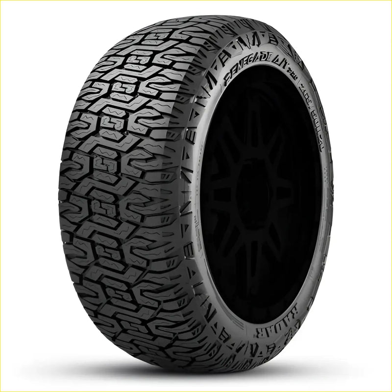 Black rubber radar renegade at pro tire with aggressive tread and visible sidewall text 35x12.5 r22