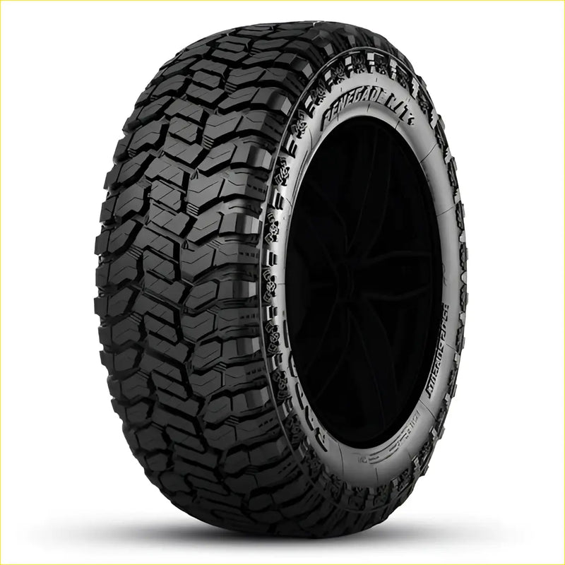 Black rubber radar renegade rt plus 285/75r16 off-road tire with deep aggressive tread and renegade branding on sidewall