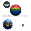 Rainbow gear shift knob ball made of glossy plastic with rainbow colors blue base and gold threaded insert