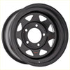 Black matte steel wheel rck steel wheel 8 spoke with rugged triangular cutouts and red rck logo center
