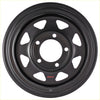 Black rck steel wheel with a matte black finish and triangular cutouts in an 8 spoke design