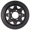Black rck steel wheel with 8 matte black spokes and triangular cutouts for rugged truck use