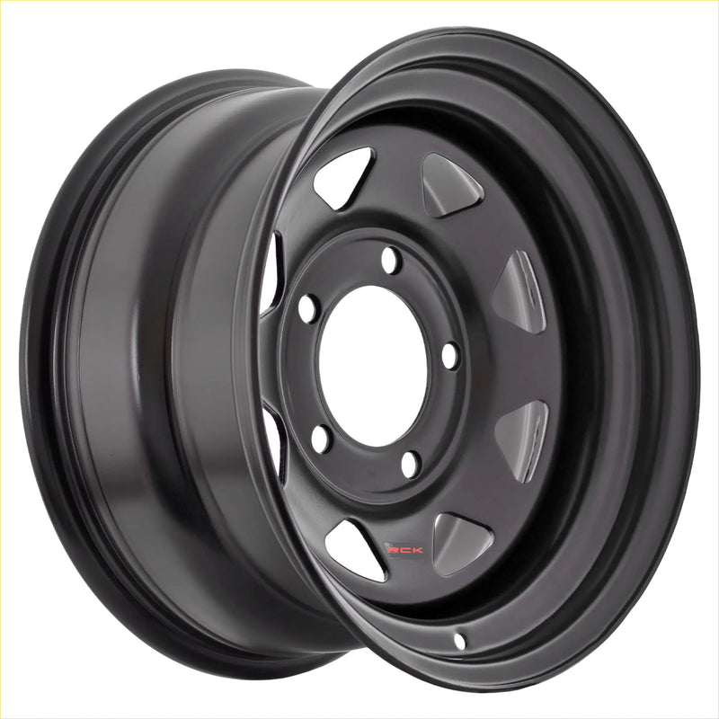Black matte steel wheel with classic five-spoke design and red rck branding on center cap for rck steel wheel 8 spoke matt black