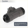 Dark gray cast iron rear brake wheel cylinder with black rubber end caps for toyota pickup 1979-1985 shown from back side
