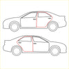 Red outlined side profile of a sedan showing rear door weatherstrip x2 for nissan datsun sunny 120y b210 sedan