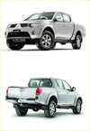 Rear view of silver mitsubishi triton with chrome accents and alloy wheels featuring smoke black rear led tail lights