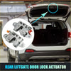 Silver metallic rear liftgate door lock actuator with orange plastic parts installed on white 2005-2006 toyota tacoma suv