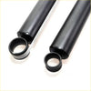 Rear view of black cylindrical rear shock absorbers with metallic threaded ends and silver band for toyota hilux 01-04