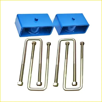Blue plastic rear suspension ubolt block lift kit with four silver metal u-shaped fasteners for toyota hilux