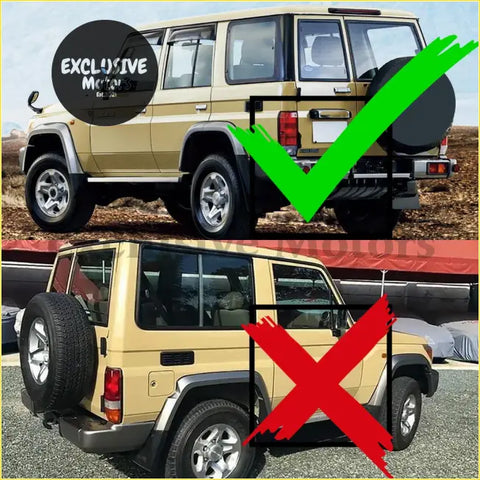 Beige toyota land cruiser 70 with chrome wheels and rear spare tire shown from the back with rear tail light for toyota prado