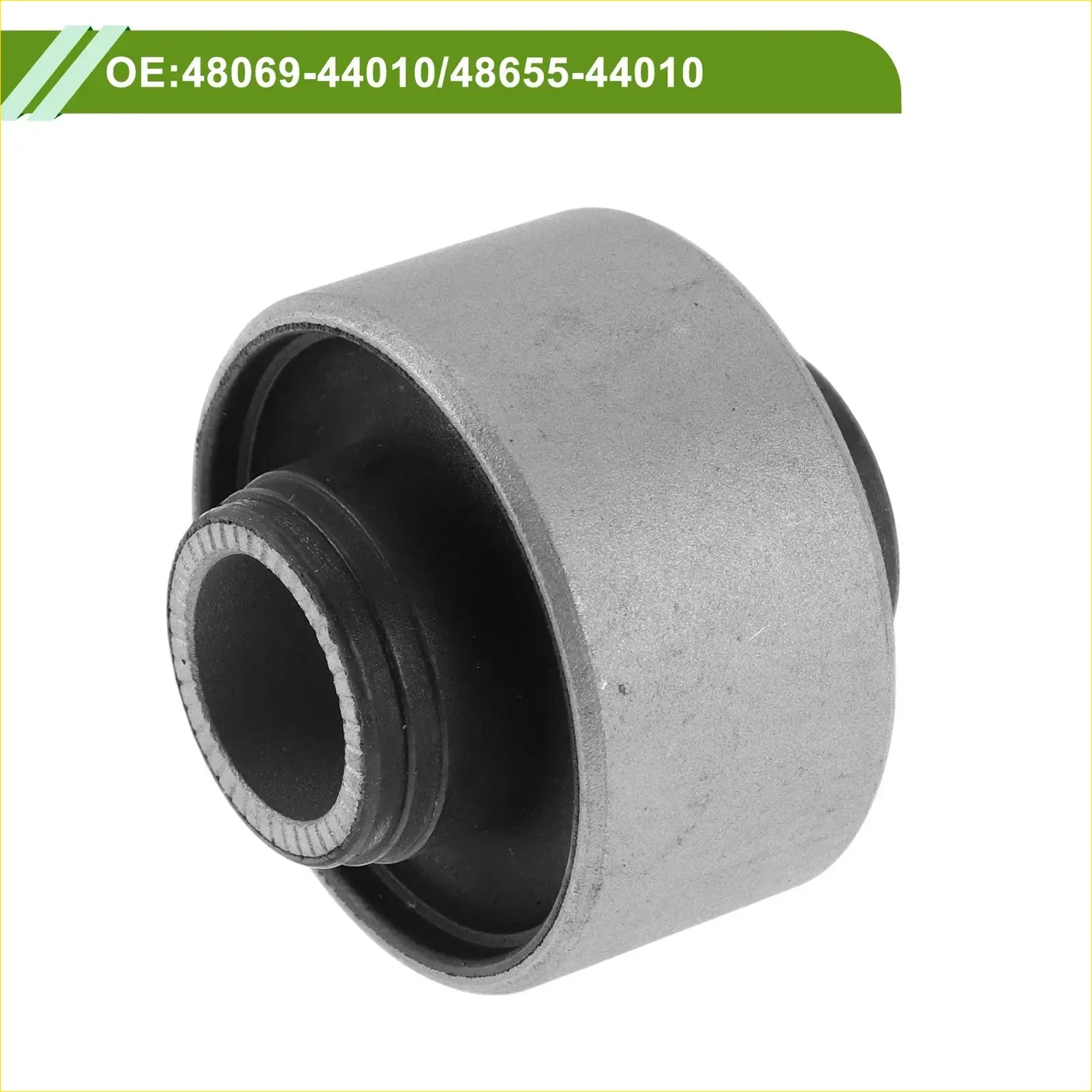 Rear track control arm bushing for toyota nadia with silver metal, black rubber insert, and ribbed inner ring