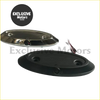 Back side of chrome-finished oval motorcycle tail light with black underside and wiring for ford ranger rear view camera system