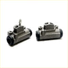 Gray metallic rear wheel brake cylinder for mazda bongo e-series with black rubber seals and threaded fittings back side view