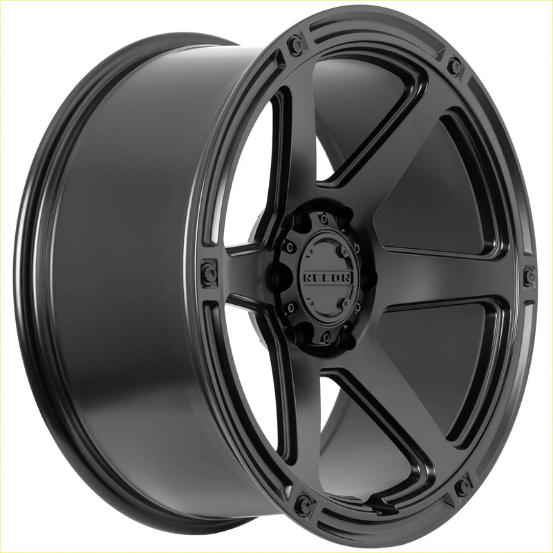 Recon armour matt black alloy wheel with black matte finish five-spoke design and recon branding at the center