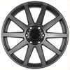 Black matte finished recon force alloy wheel with ten spokes and hemmi center cap in dark grey tint