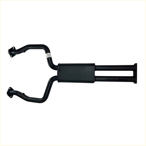 Black metal exhaust manifold with dual pipes and mounting brackets shown from the back for redback 2 1/4 dual exhaust