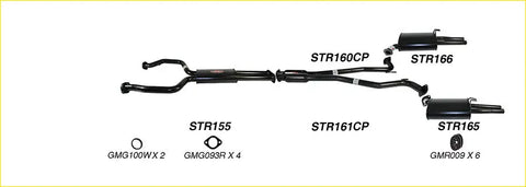 Black redback 2 1/4 inch dual exhaust kit for holden commodore ve vf v6 ute with labeled pipes and mufflers