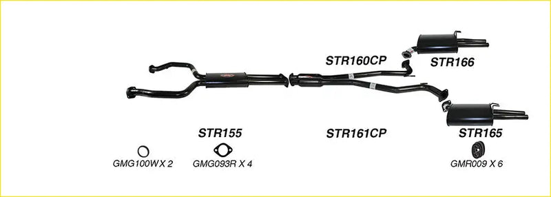 Black redback 2 1/4 inch dual exhaust kit for holden commodore ve vf v6 ute with labeled pipes and mufflers