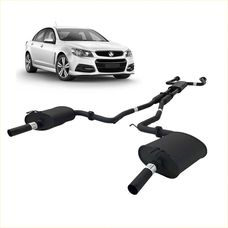 Black redback 2.25 inch dual cat back exhaust with dual mufflers and polished connectors for white holden ss sedan rear view