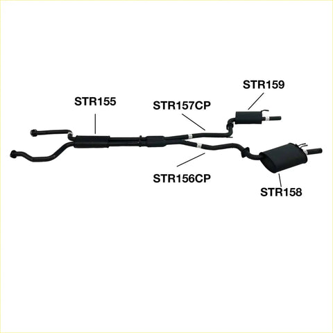 Black redback 2.25 inch dual cat back exhaust for holden commodore ve vf sedan showing back side with labeled parts