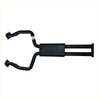 Black metal exhaust manifold with dual pipes and mounting brackets for redback 2.25 inch dual cat back exhaust Holden Commodore
