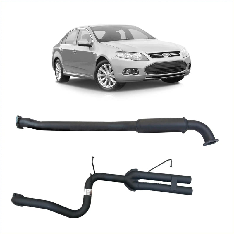Black aftermarket redback 2.5 inch catback exhaust system shown from back for ford falcon fg sedan with centre pipe