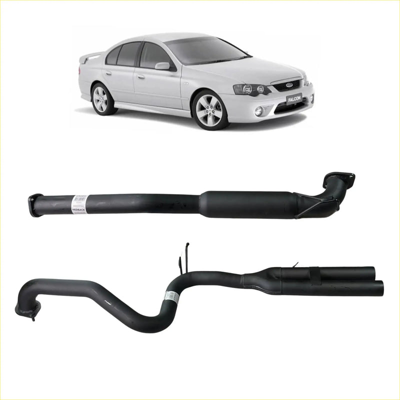 Black redback 2.5 inch catback exhaust with hotdog centre and dual outlet rear on silver ford falcon sedan back view