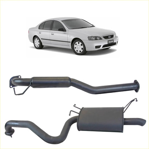 Black Redback 2.5 inch catback exhaust system with hotdog centre and single outlet for Ford Falcon sedan back view