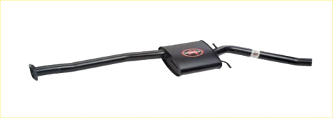 Black carbon fiber handlebar with red circular logo on central black part for redback 2.5 inch centre exhaust system