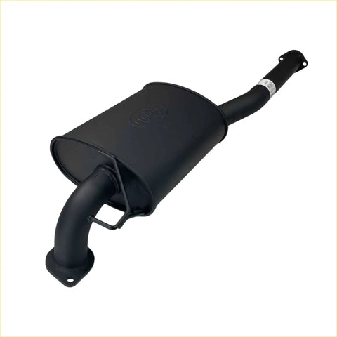 Black cylindrical matte finish redback 2.5 inch centre exhaust muffler with two curved pipes and mounting brackets for ford falcon ba bf sedan